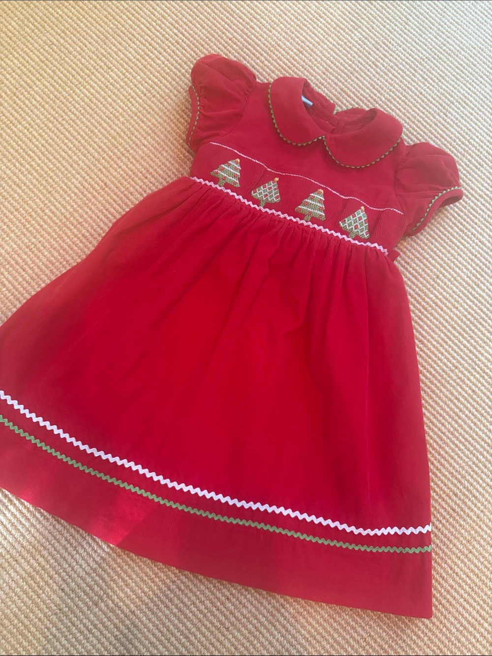 Anavini Hand Smocked Red Corduroy Christmas Tree Dress Sz 3